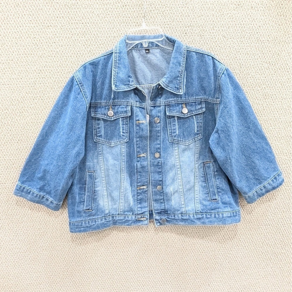 New‎ Unilexi Cropped Denim Jacket Sz XL 3/4 Sleeve Distressed Boho Chic Layering
